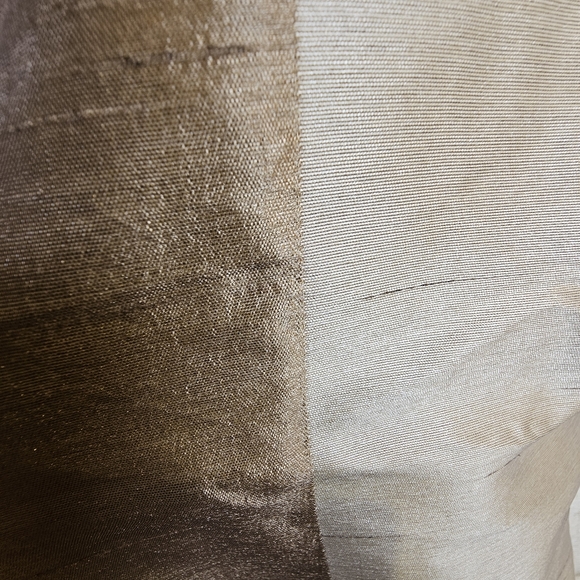 Two custom panels taupe gold vertical stripe tafetta pleated lined drapes 54x92" - Picture 4 of 9